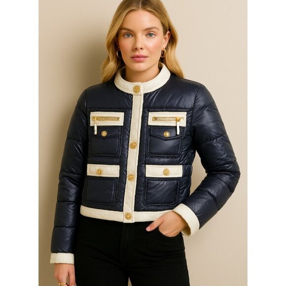 Y2k Twisted Heart Black White Trim Puffer Jacket Gold Button Zip Pockets - Picture 1 of 11